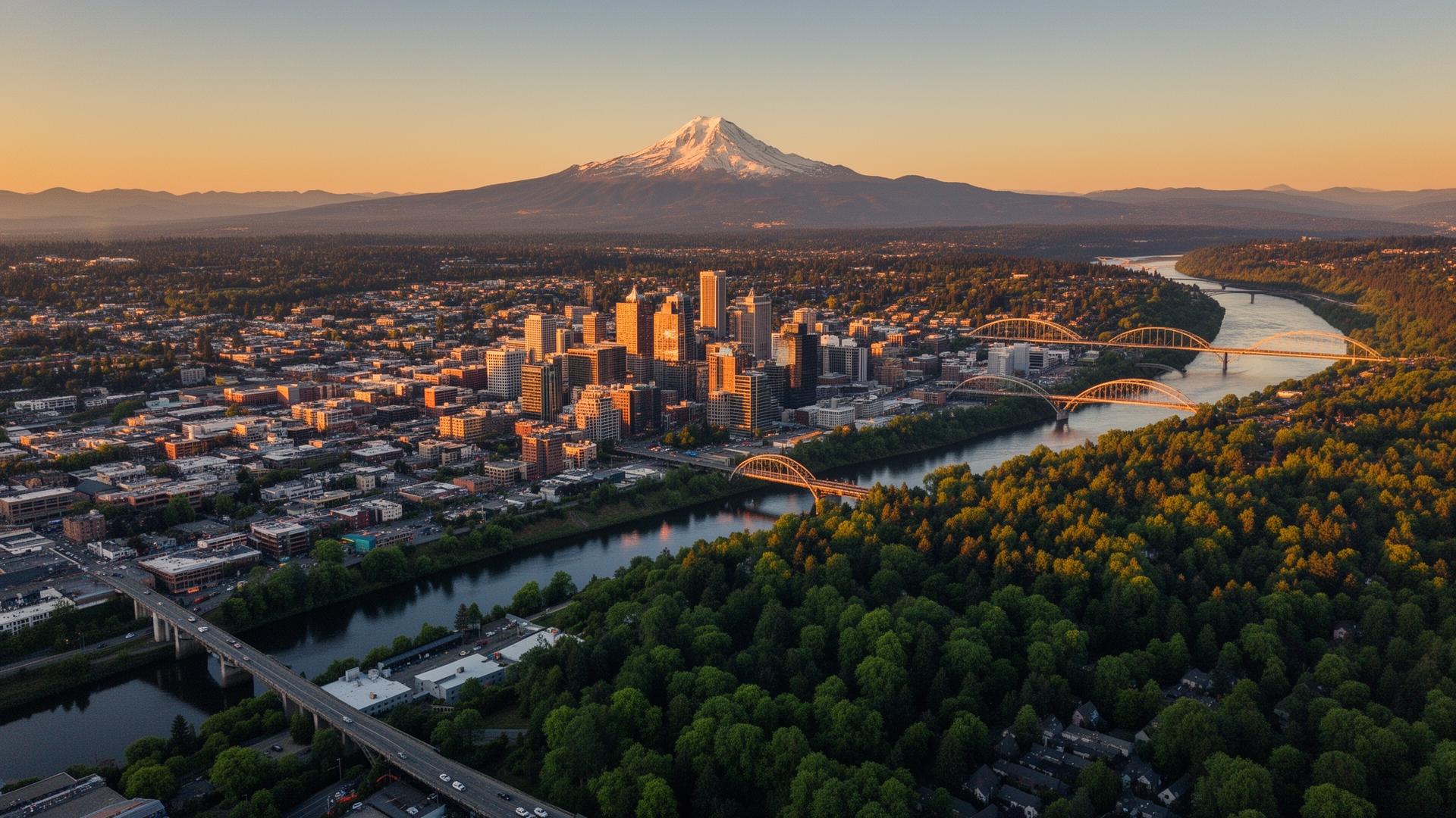Aerial view of Portland, Oregon with Mount Hood at sunset