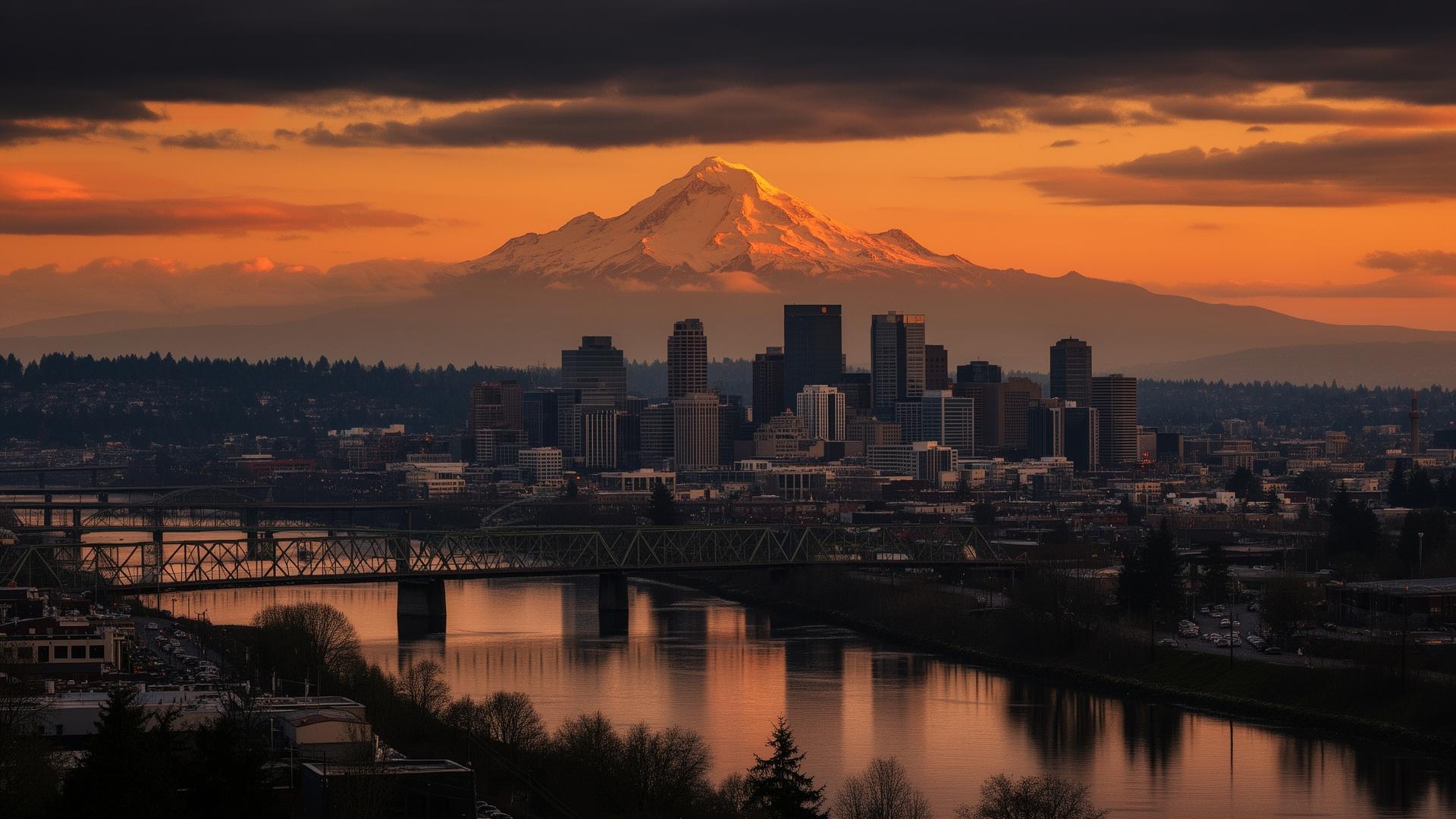 Portland Oregon skyline at golden hour with Mount Hood and Willamette River bridges