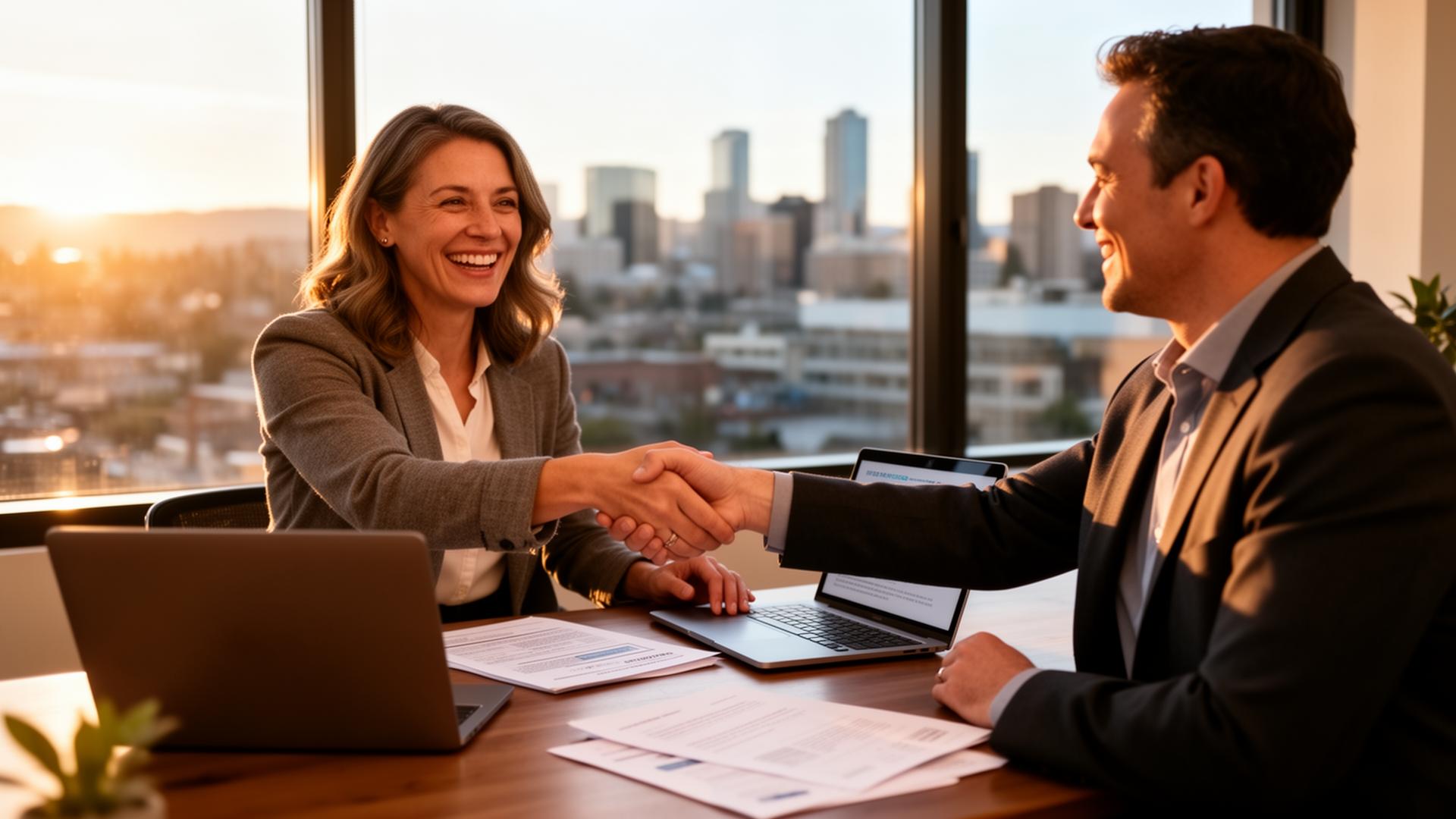Portland small business owner celebrating a successful loan approval with a Ridgeline Lenders advisor